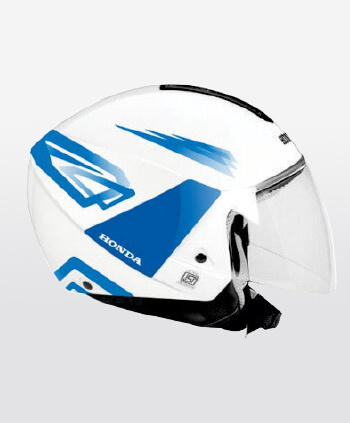 blue and white open face helmet